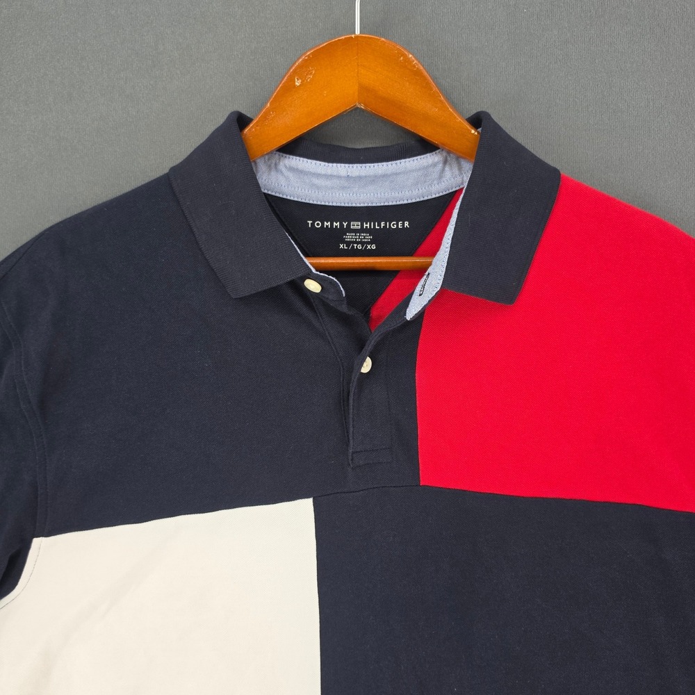 Tommy Hilfiger Mens Colorblock Polo Shirt XL Navy Red White Cotton Blend